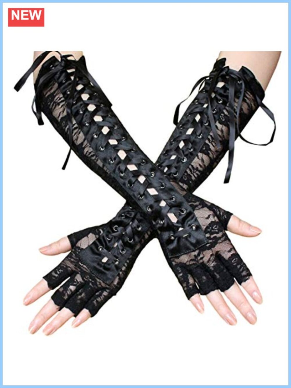 Lace Up Elbow Length Steampunk Gloves Fingerless Gothic Arm Warmer Satin Long